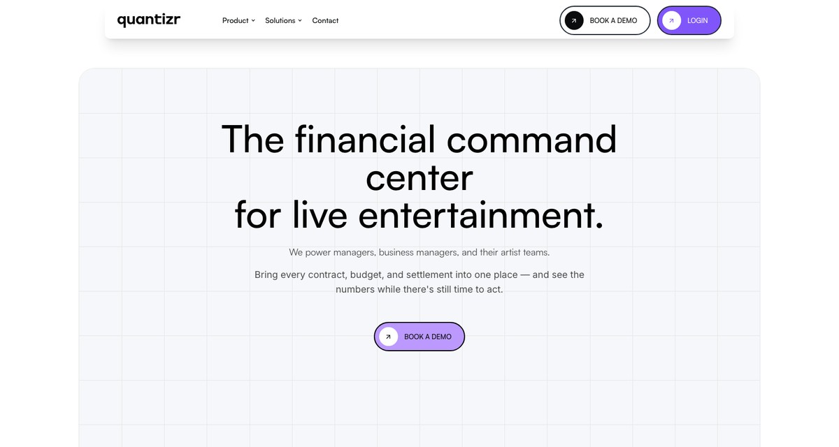 The Quantizr homepage headline calling it the financial command center for live entertainment