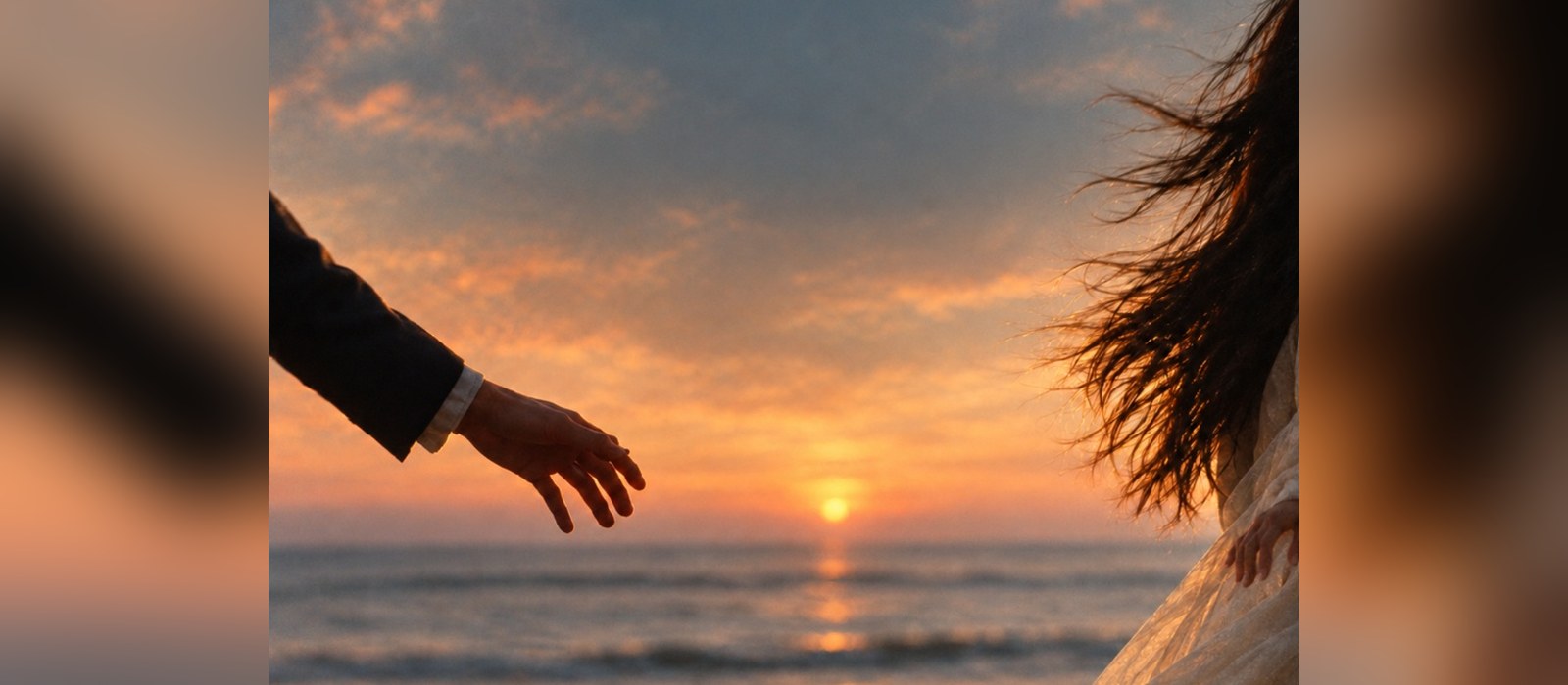 Raagverse press image for Janaa Hai Toh Jao, two hands reaching apart at a seaside sunset