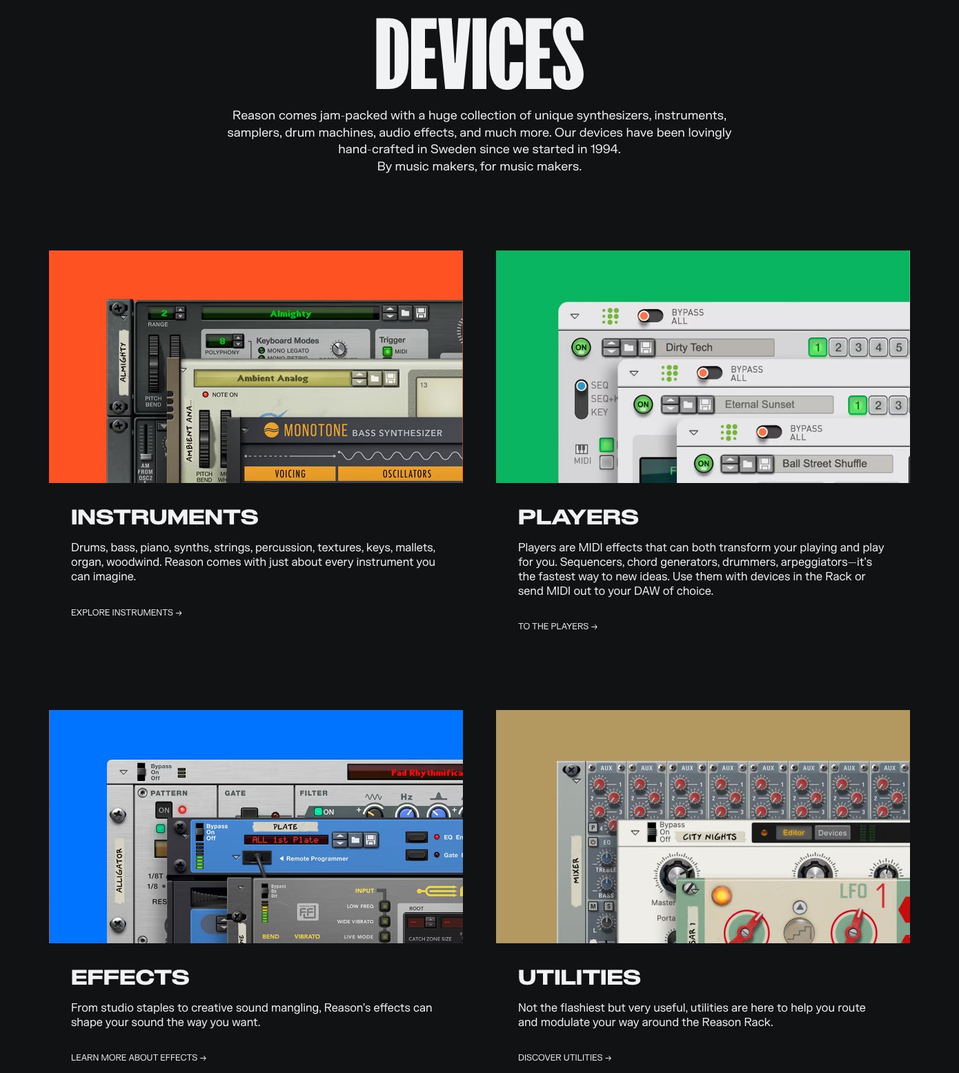 The 4 Reason Rack device categories: Instruments, Players, Effects, and Utilities