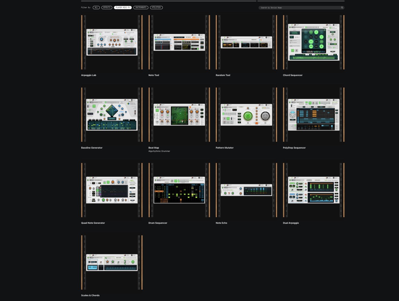 Reason 14 Player MIDI FX devices: Arpeggio Lab, Chord Sequencer, Bassline Generator, Pattern Mutator