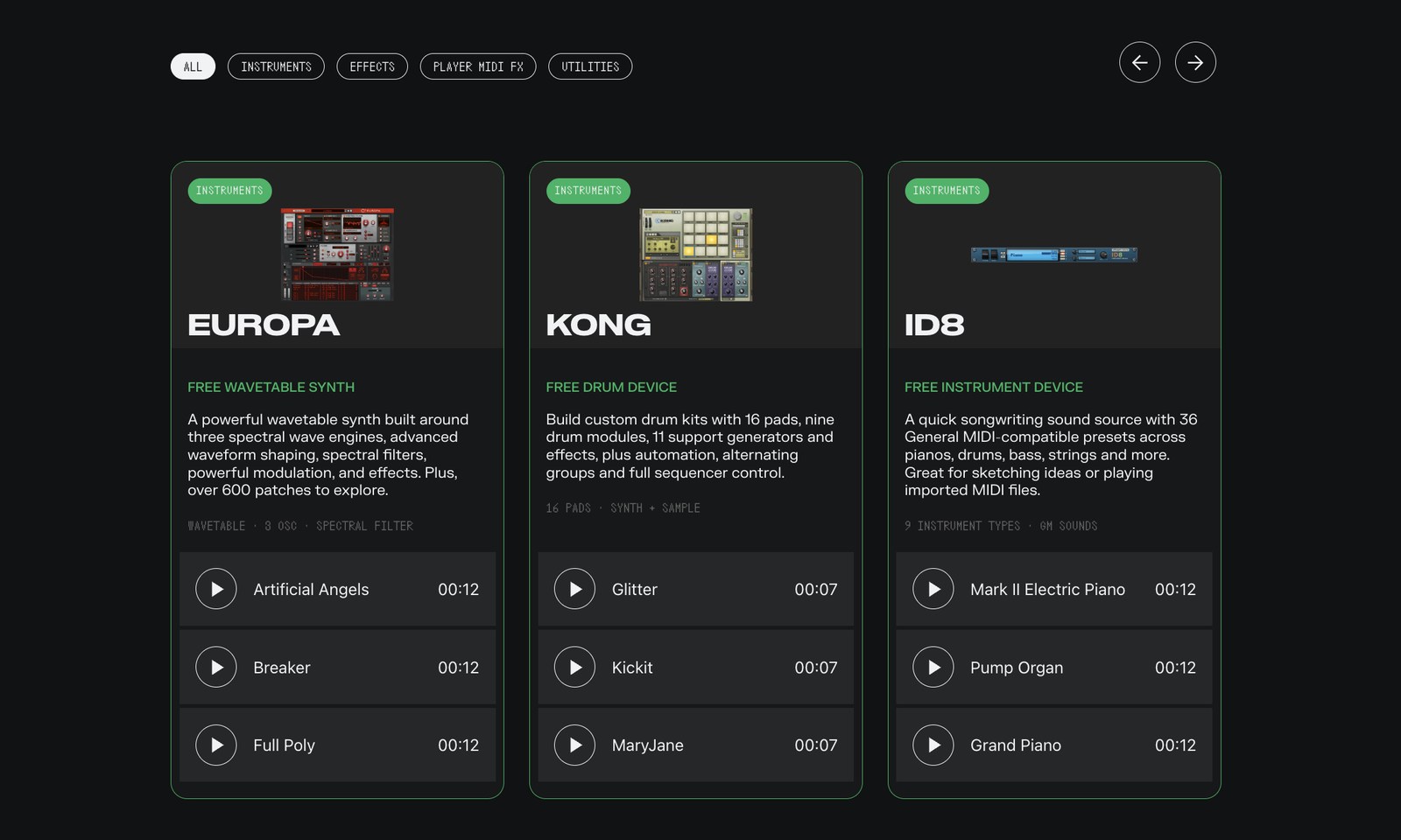 Reason Free device browser showing the Europa, Kong and ID8 instrument cards with playable audio demos