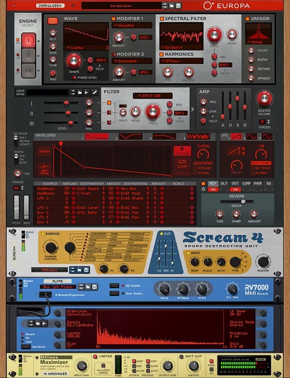 Reason Free Rack with Europa, Scream 4, RV7000 MkII and MClass Maximizer stacked as one plugin instance
