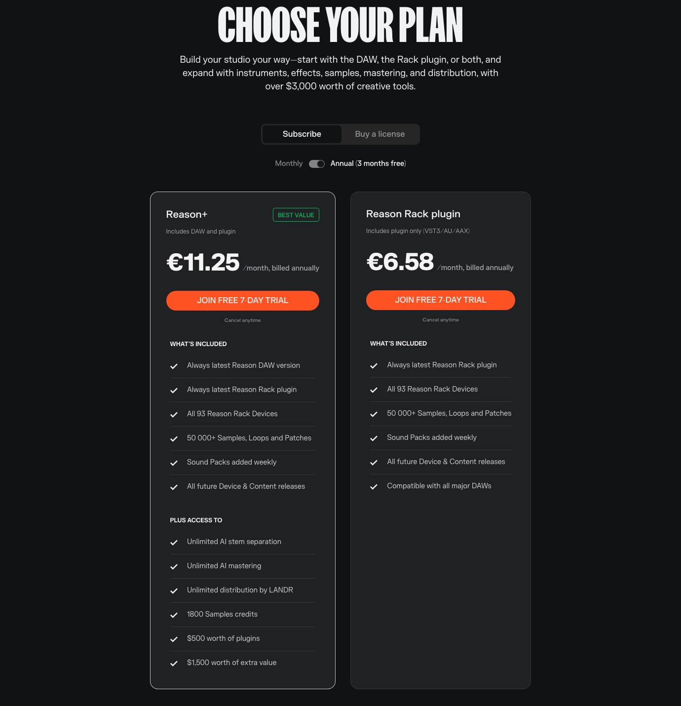 Reason+ and Reason Rack plugin subscription pricing, both with all 93 Rack devices