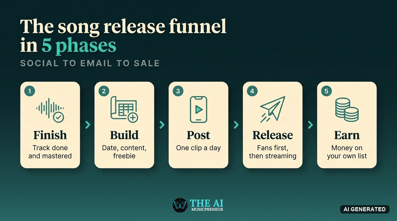 The 5-phase song release funnel: finish, build, post, release, earn, moving social attention to email to sale