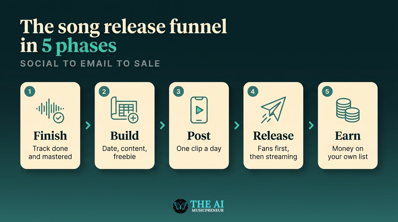 The 5-phase song release funnel: finish, build, post, release, earn, moving social attention to email to sale