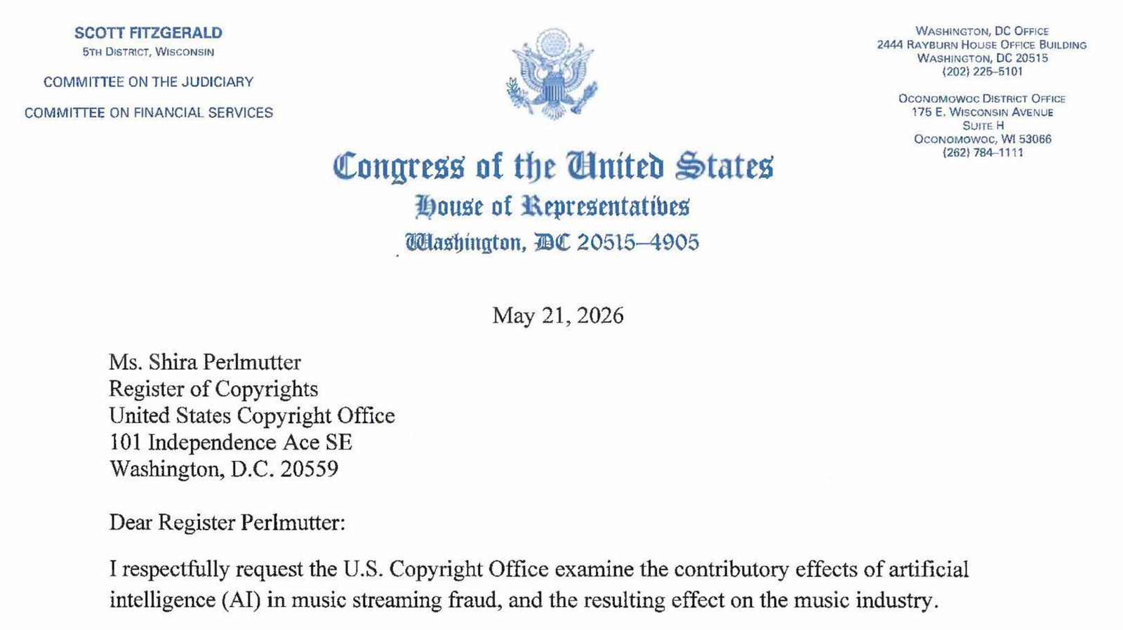 Rep. Scott Fitzgerald's letter asking the US Copyright Office to examine AI streaming fraud