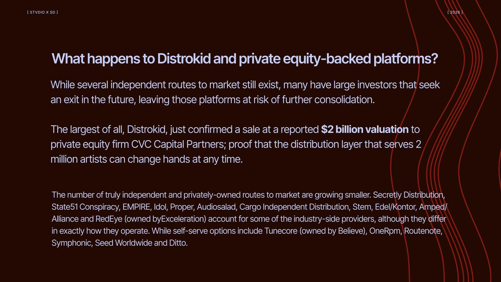 Report page asking what happens to DistroKid and private equity-backed platforms, with a list of distributors still independently owned