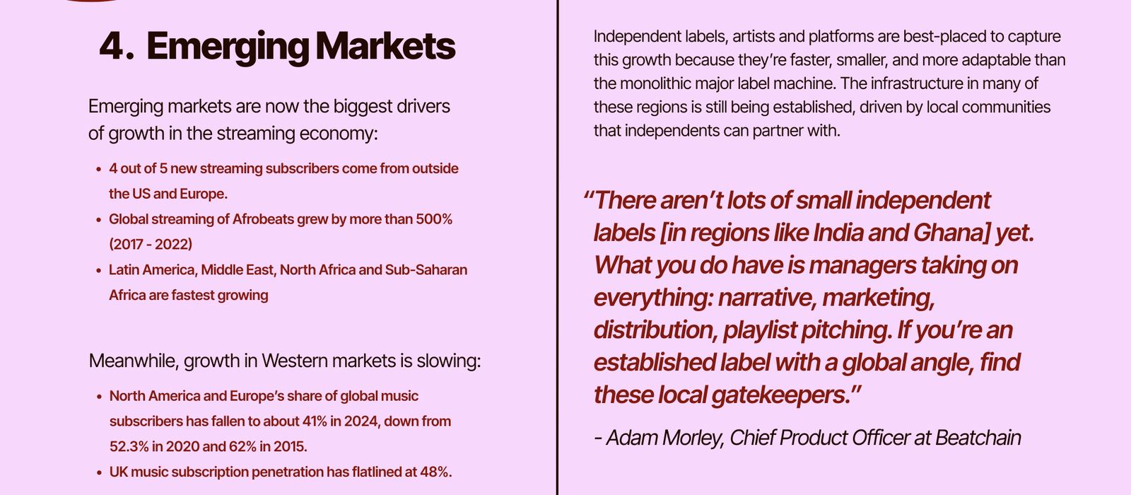 Report page headed Emerging Markets, stating 4 out of 5 new streaming subscribers come from outside the US and Europe