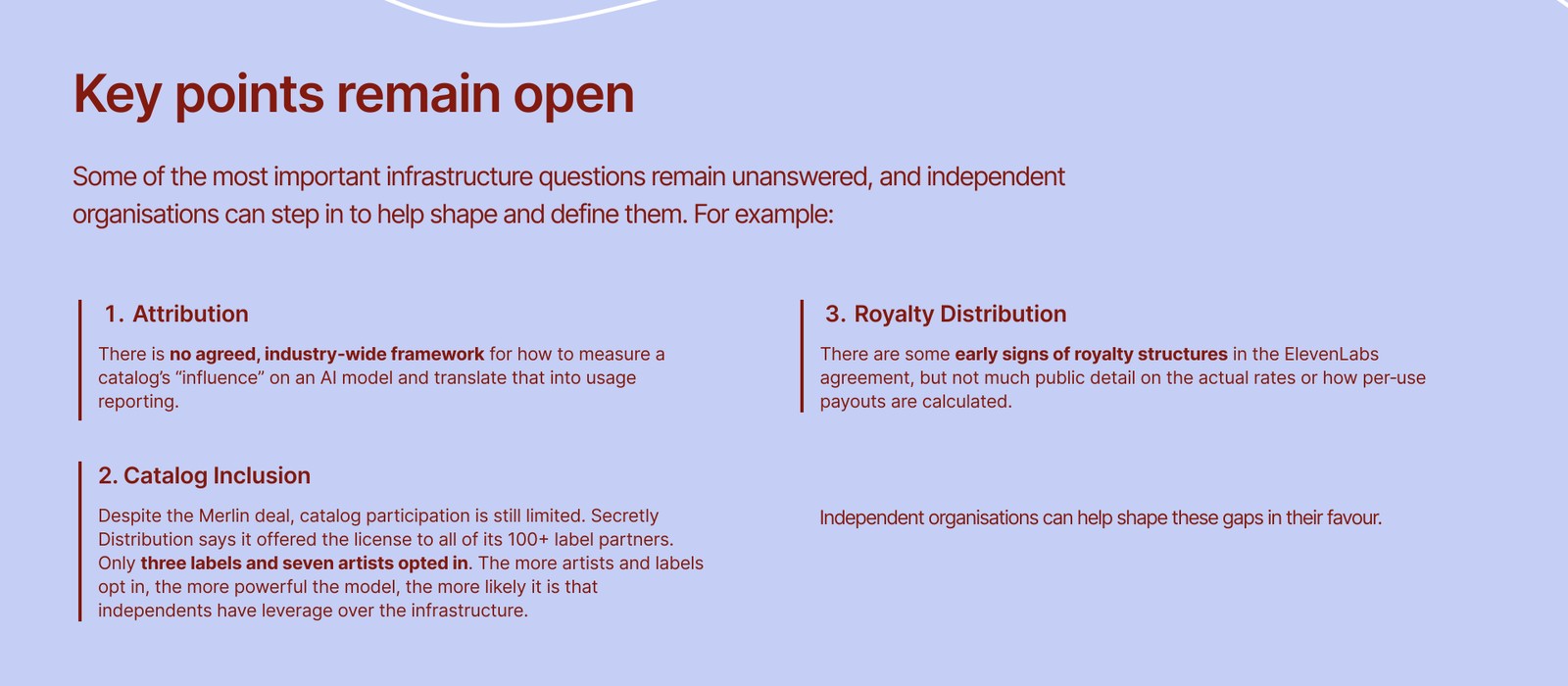 Report page headed Key points remain open, stating that only three labels and seven artists opted into the ElevenLabs licence Secretly Distribution offered
