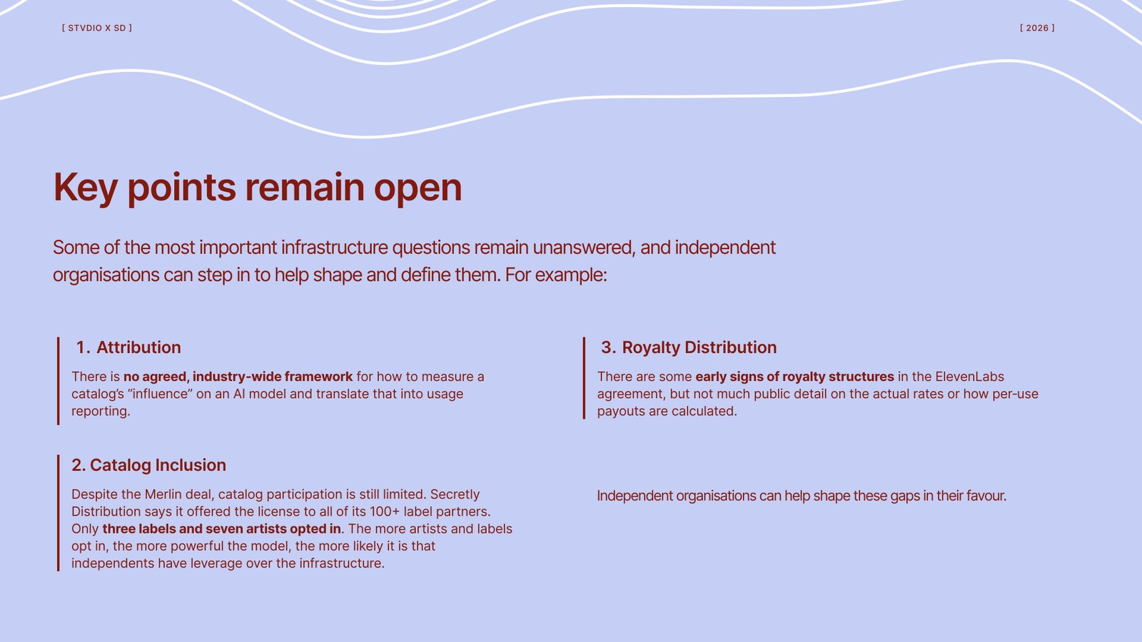 Report page listing three open questions in AI licensing: attribution, catalog inclusion, and royalty distribution
