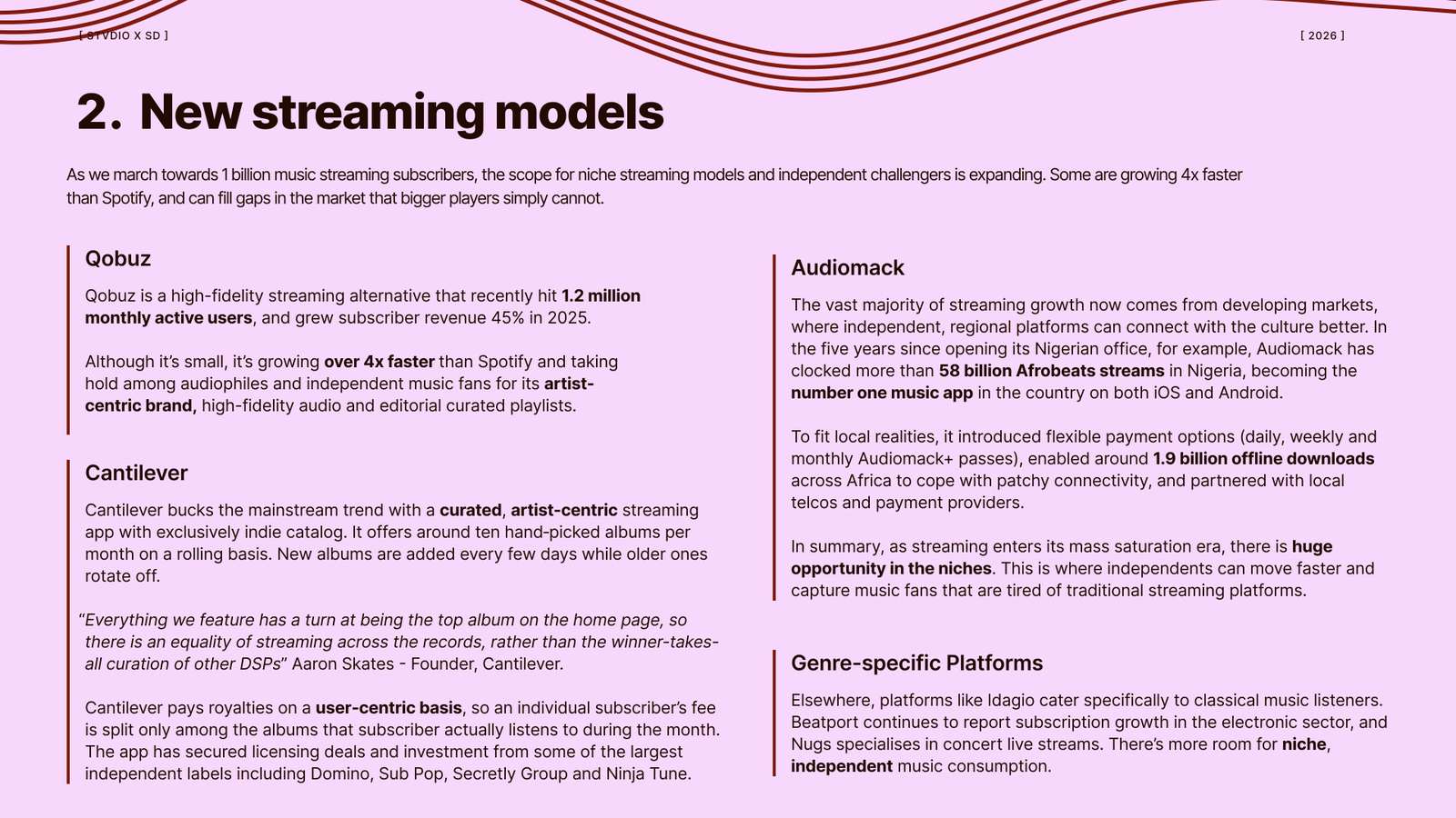 Report page on new streaming models covering Qobuz, Cantilever, Audiomack and genre-specific platforms