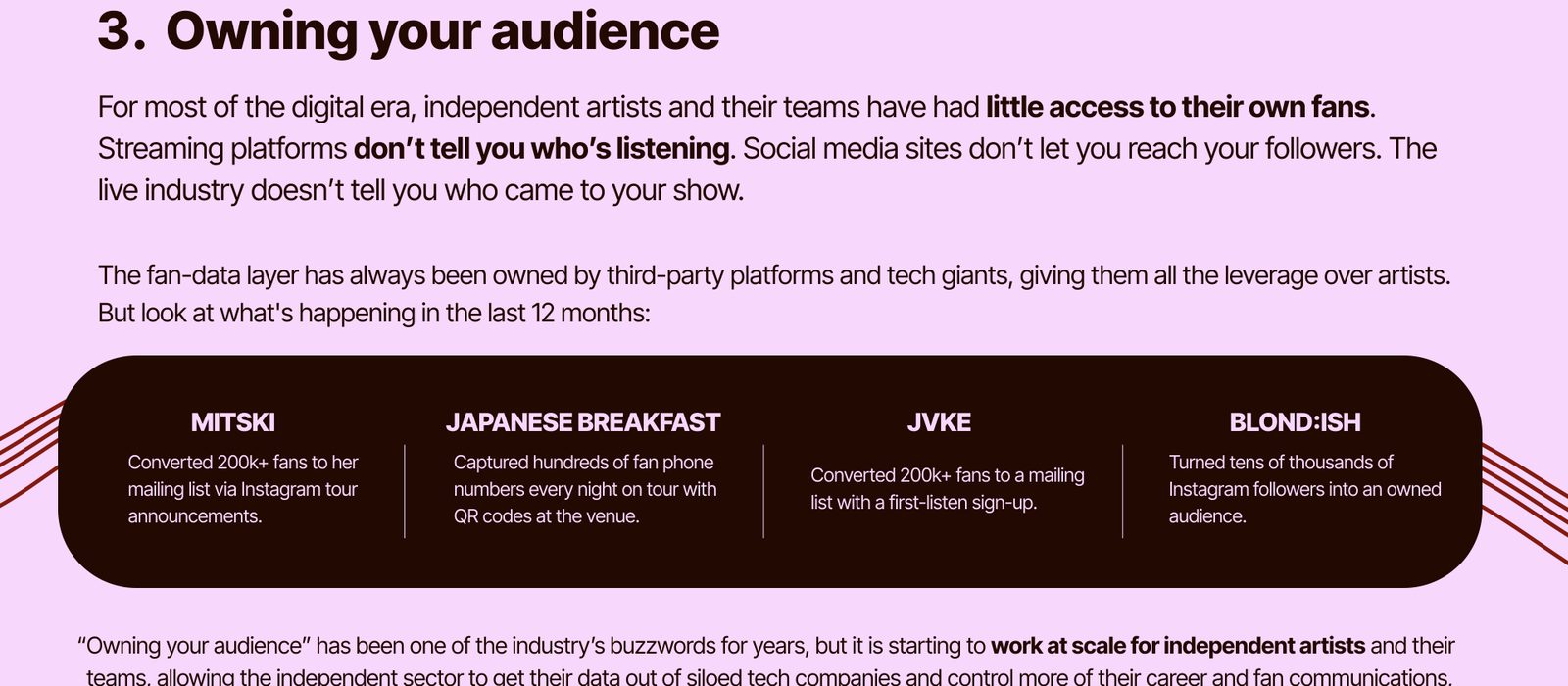 The Owning Your Audience page of the Independent Music 2026 report, listing Mitski, Japanese Breakfast, JVKE and BLOND:ISH