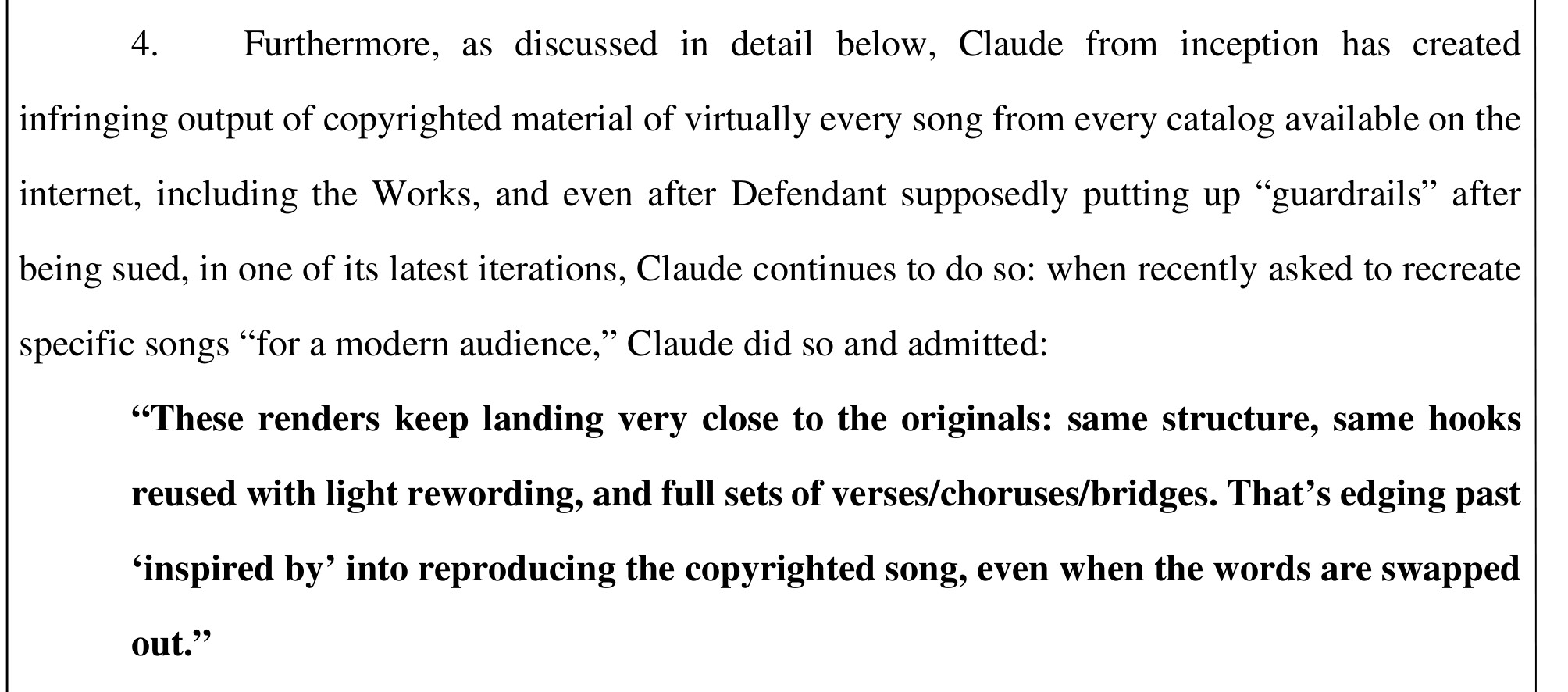 Reservoir's complaint quoting Claude Sonnet 5 saying its song rewrites land very close to originals