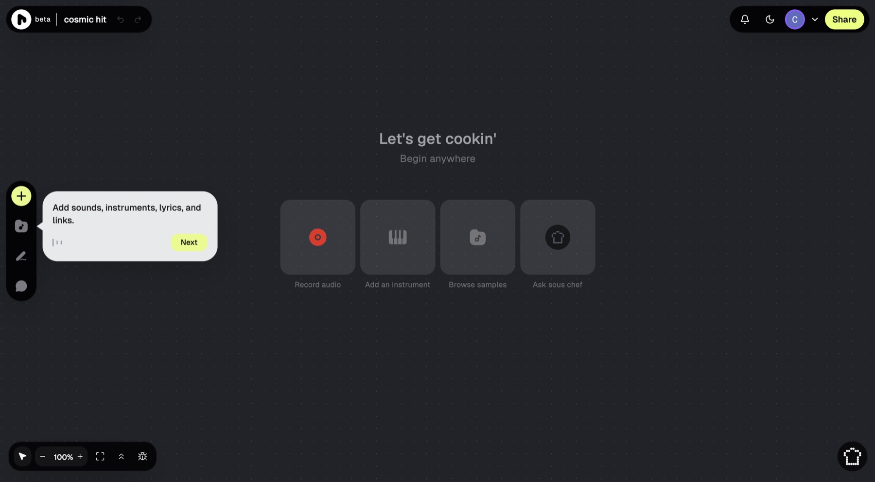 Riffle blank canvas showing record audio, add an instrument, browse samples, and ask sous chef start options.