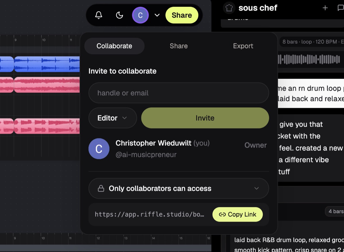 Riffle Collaborate panel inviting a friend to edit a board live, with the sous chef open beside it.