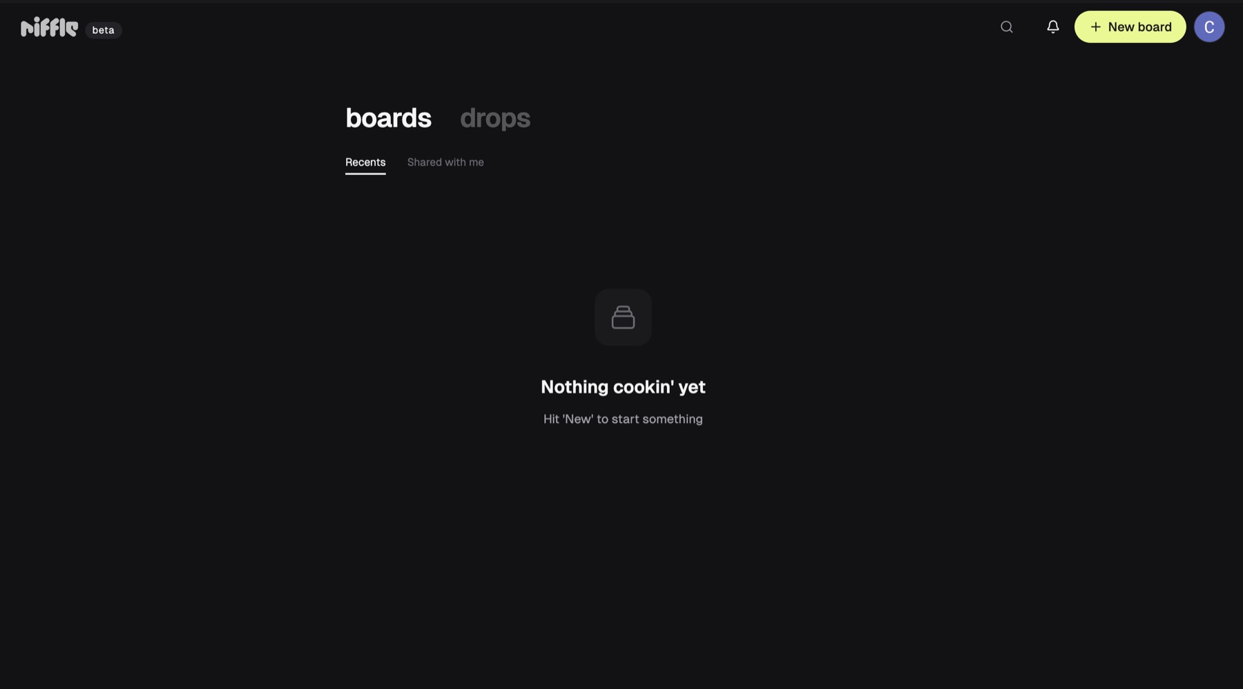 Riffle boards dashboard with the New board button and an empty Nothing cookin yet state.