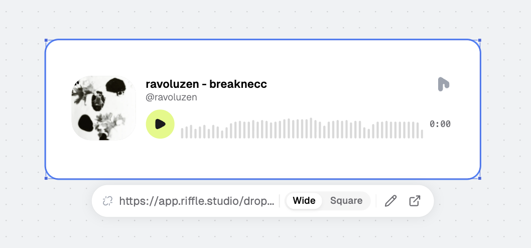 A Riffle drop link pasted onto a board, rendered as a playable track card with a waveform