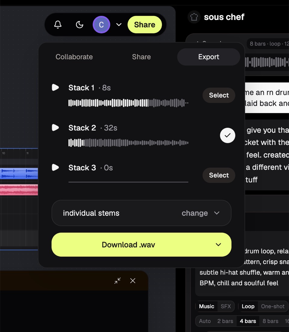 Riffle export panel selecting stacks and downloading individual WAV stems for a DAW.