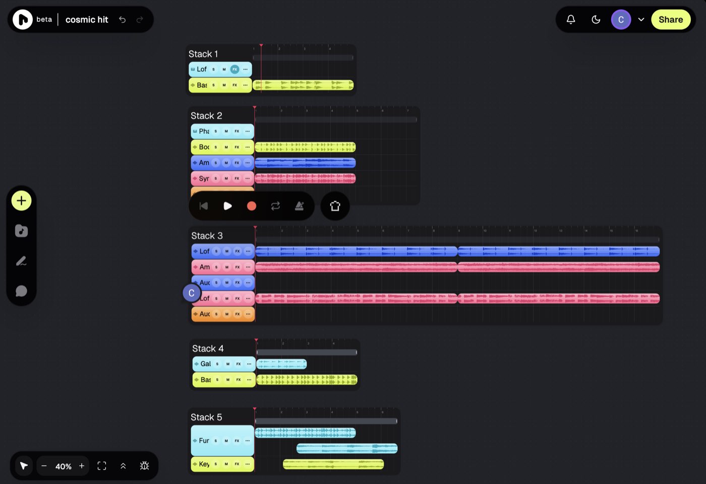 Five parallel song ideas built as stacks down a single Riffle project canvas.