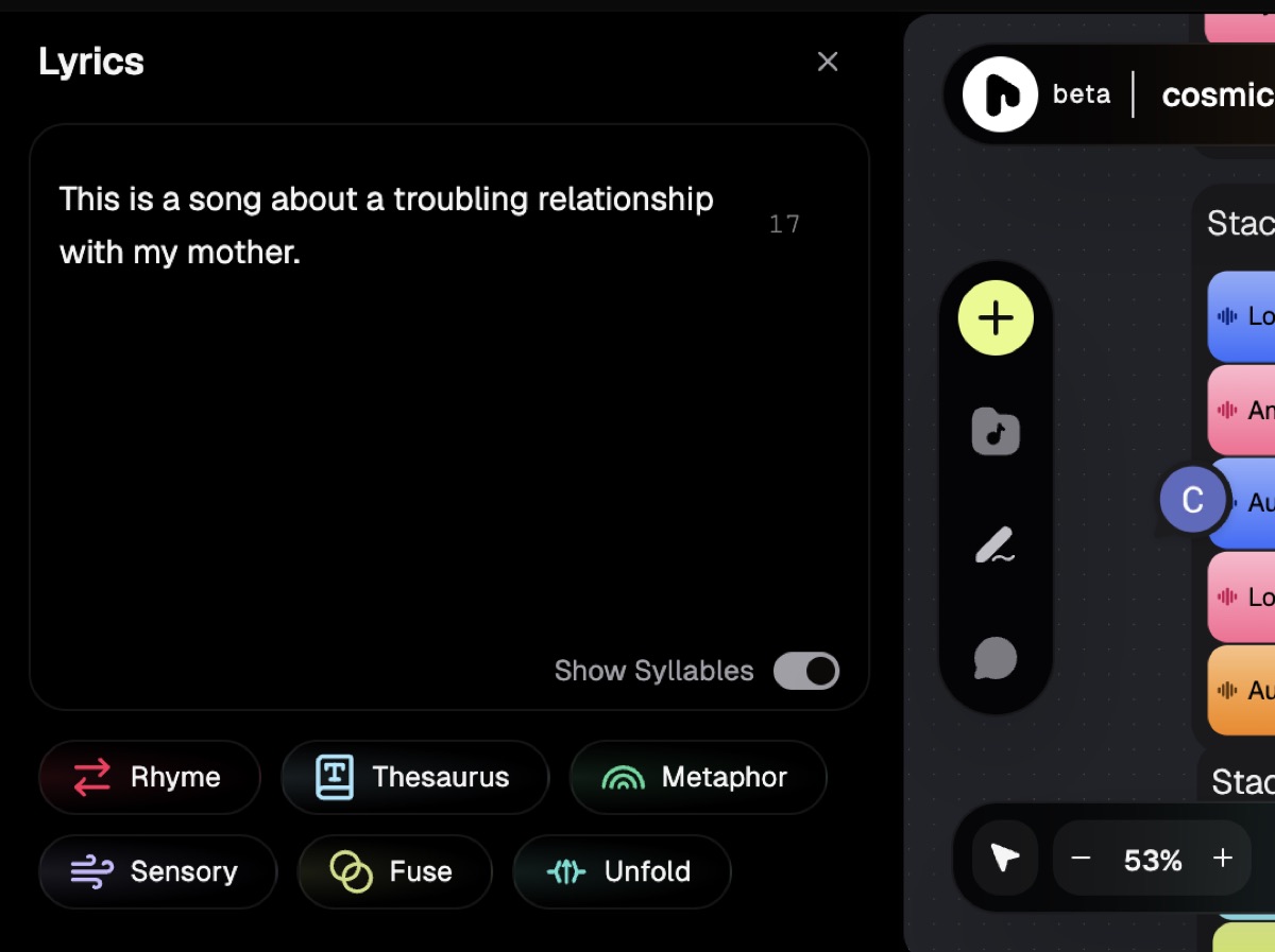 Riffle lyrics editor with rhyme, thesaurus, metaphor, sensory, fuse, and unfold tools and a syllable count.