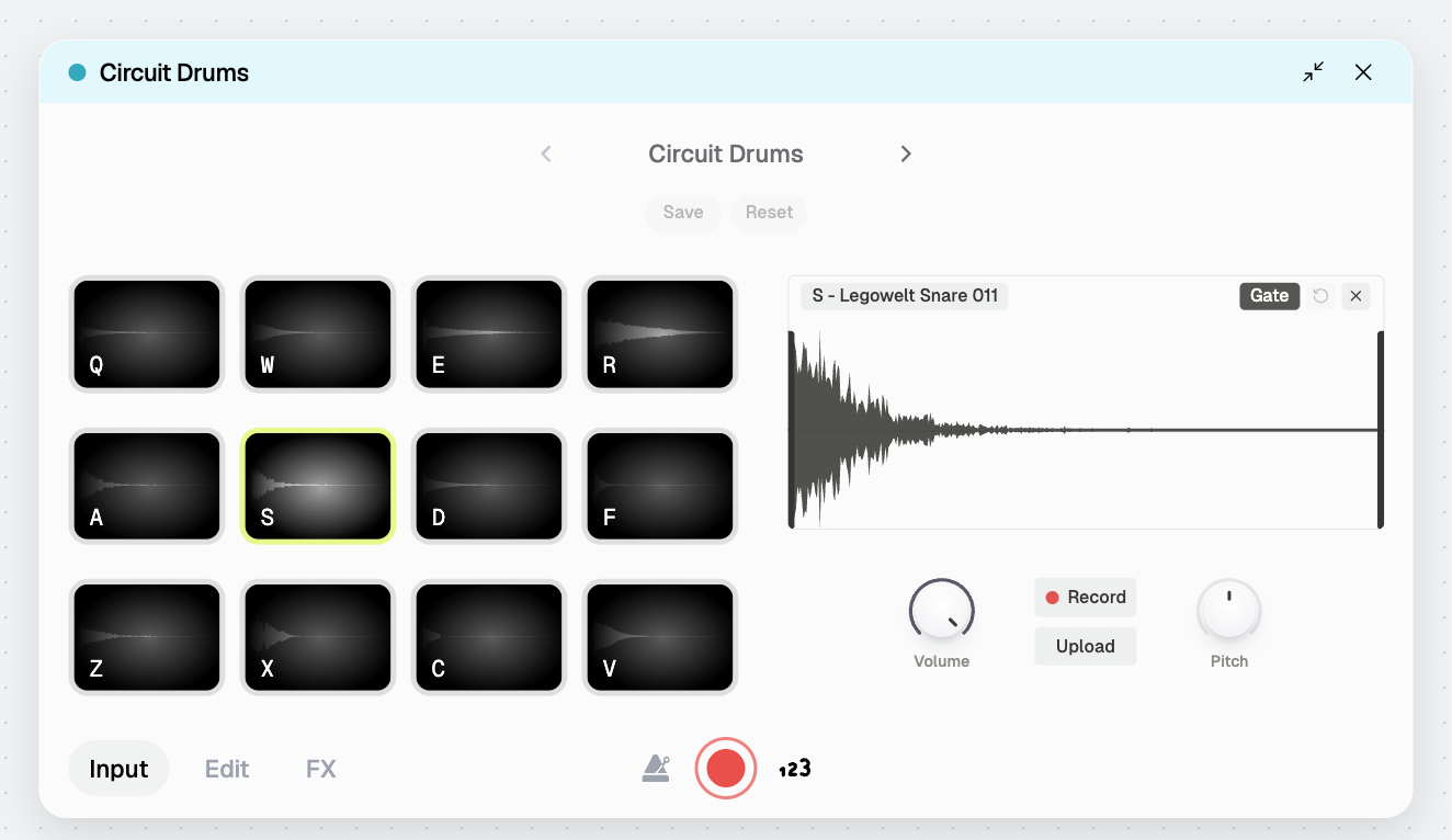 Riffle's MPC-style drum sampler showing backlit pads, a snare waveform, and pitch and volume controls