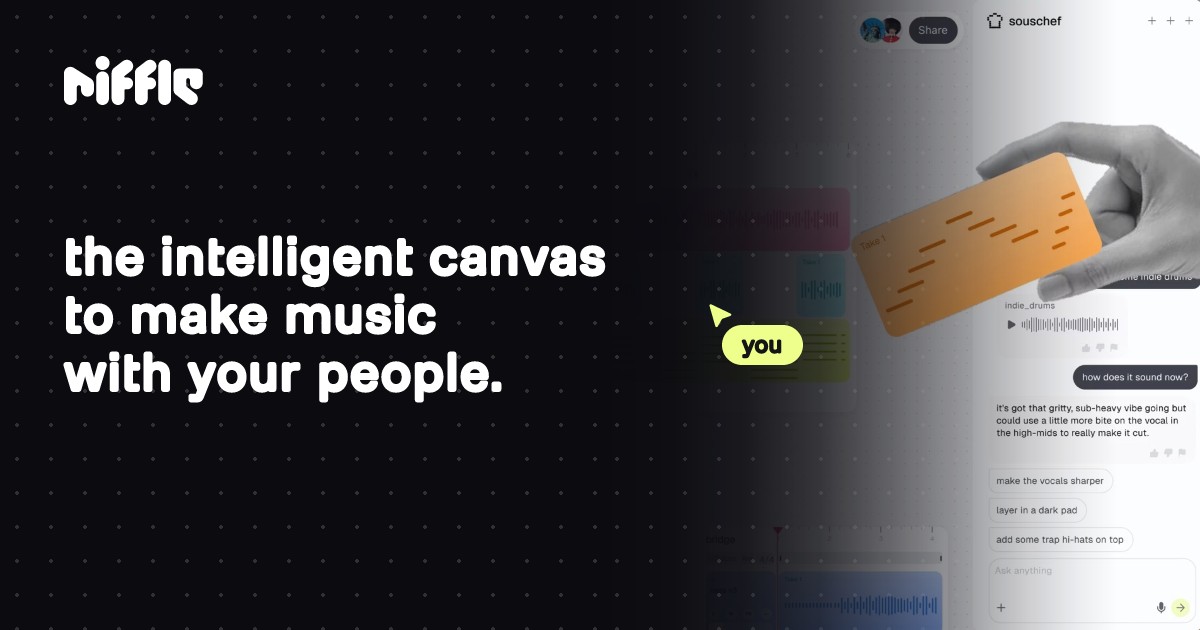 Riffle's browser canvas with audio stacks, a live collaborator cursor, and the sous chef assistant panel