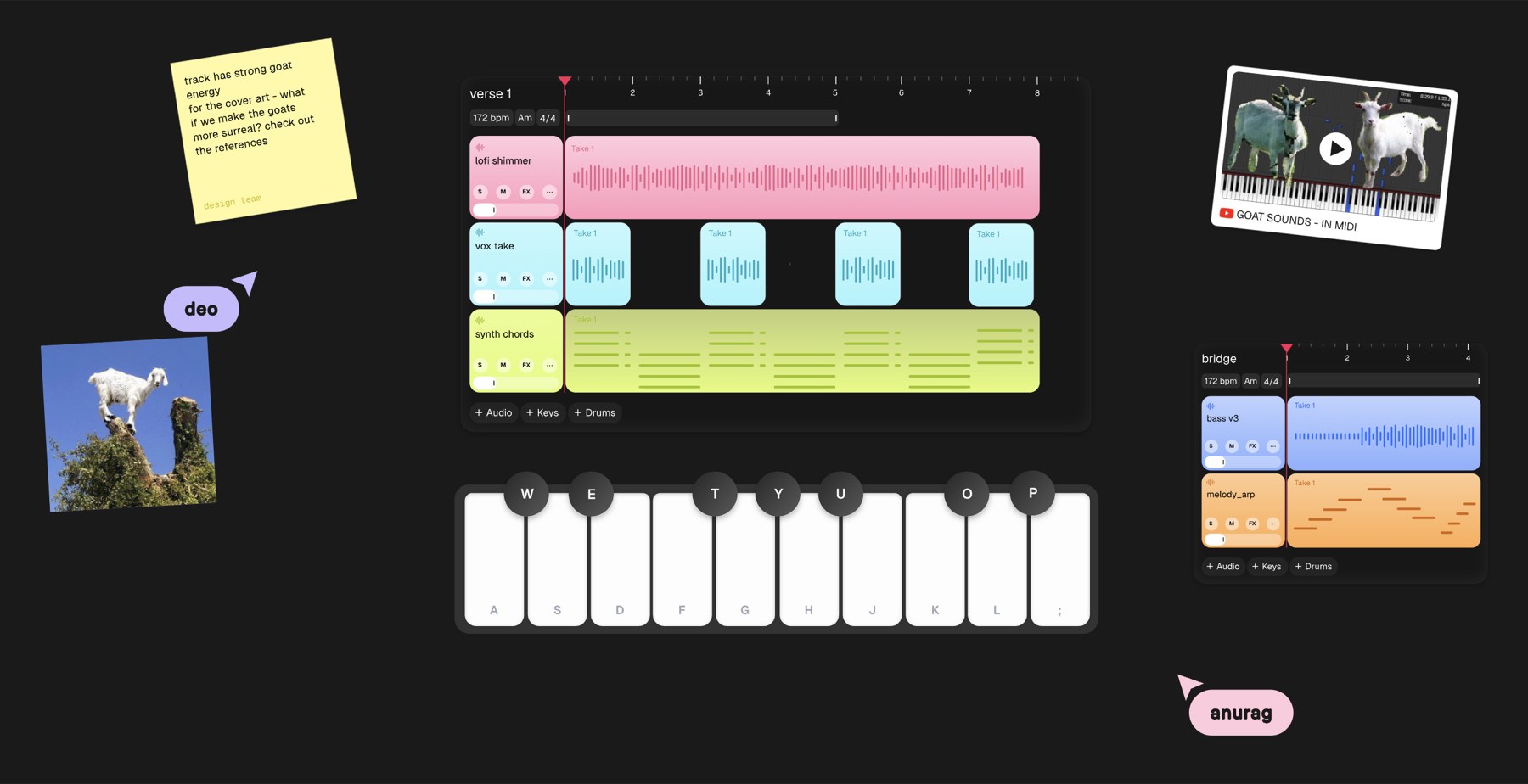 Riffle Studio music canvas with colored audio stacks and live collaborators