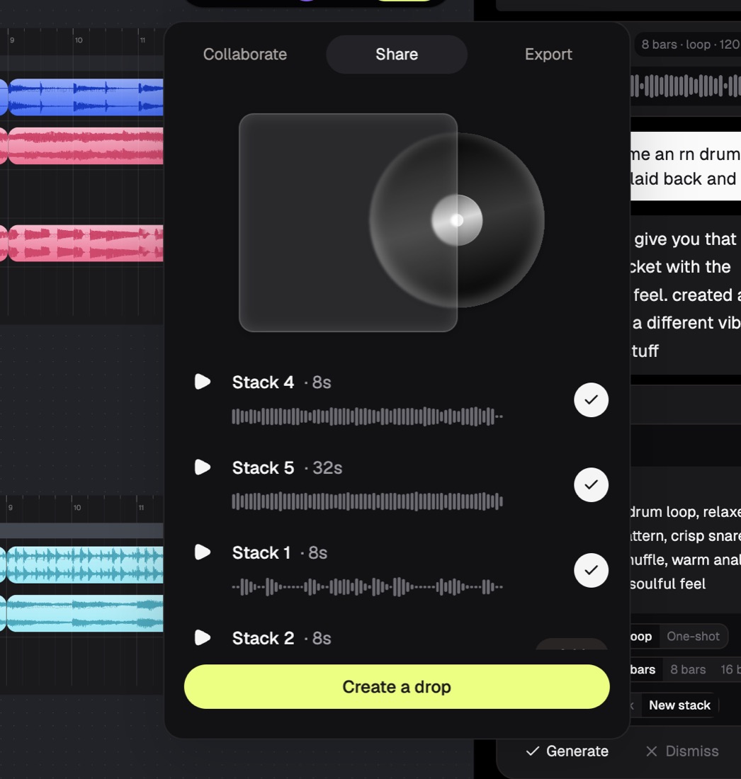 Riffle Share panel selecting stacks to publish as a playable drop.