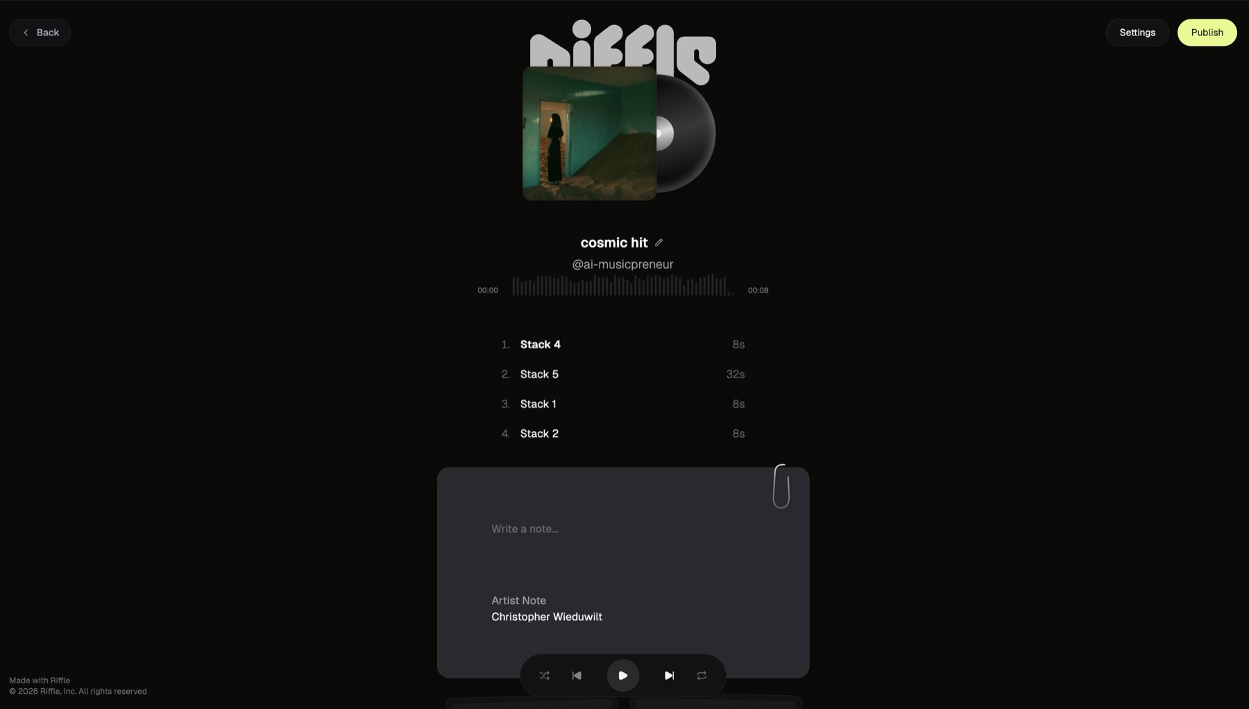 Riffle published track page for cosmic hit with album art, waveform, stack list, and artist note.