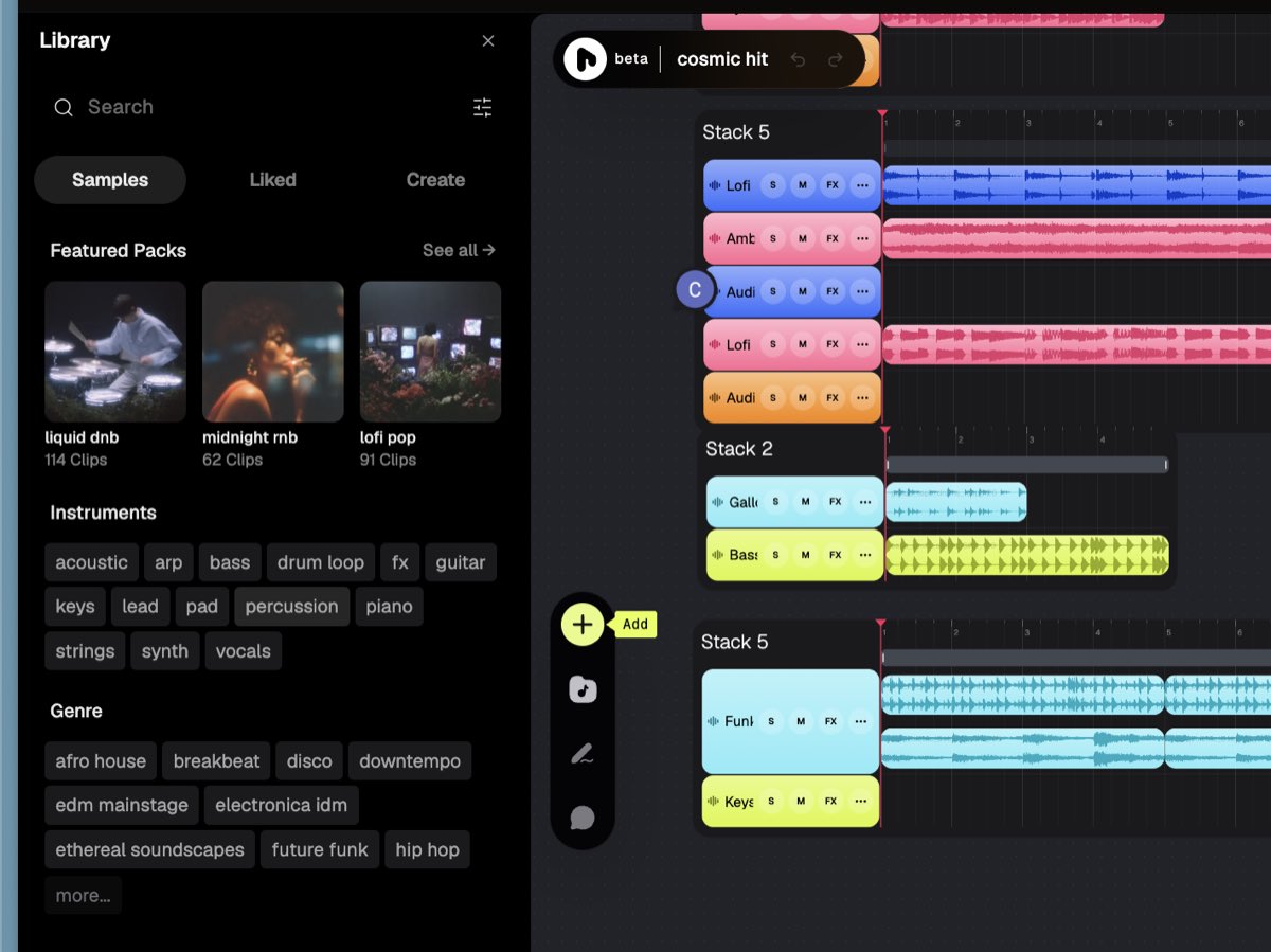 Riffle library panel with featured sample packs and instrument and genre filters.