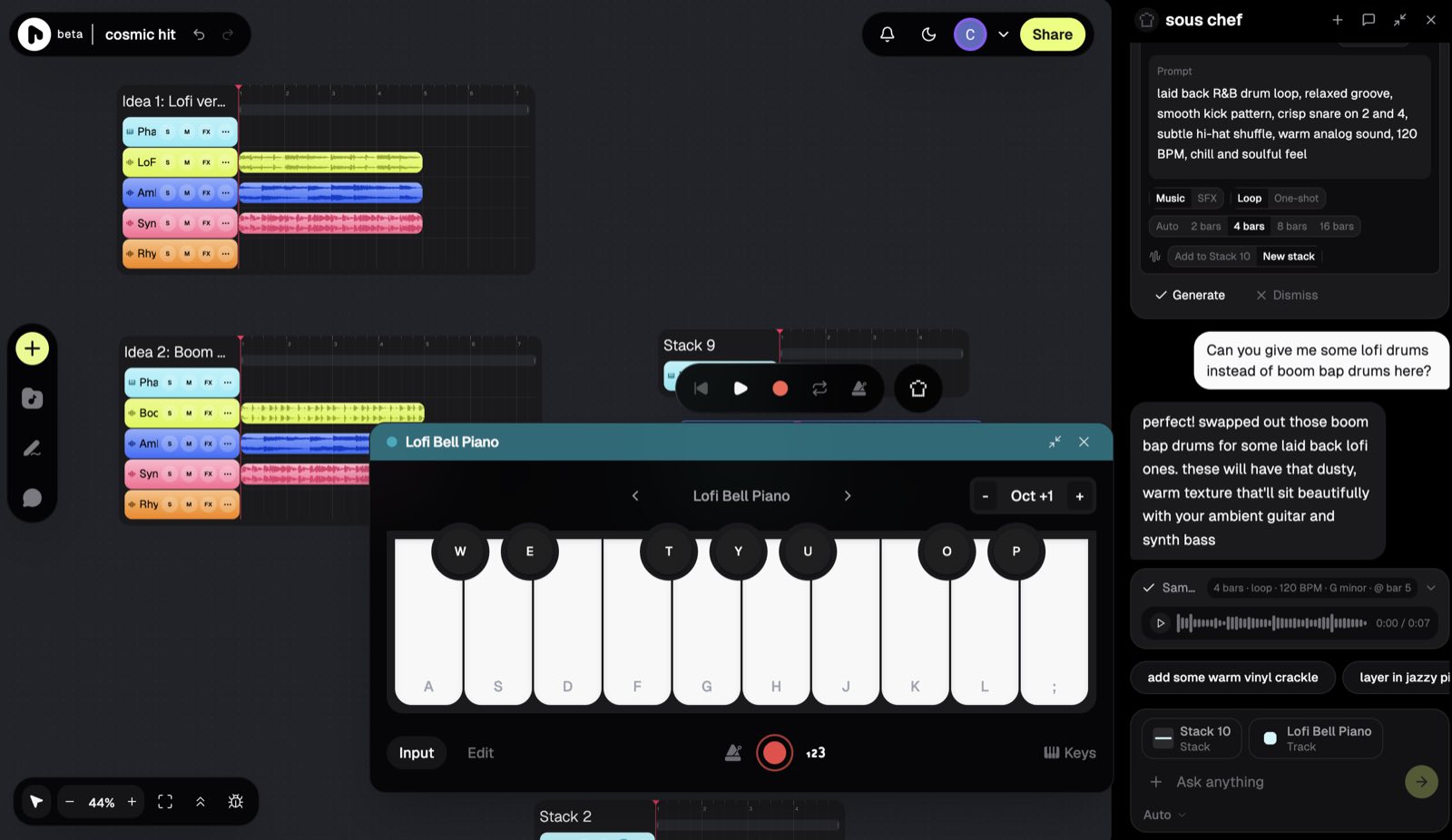 Riffle browser studio with the sous chef AI panel swapping boom-bap drums for lofi across parallel idea stacks