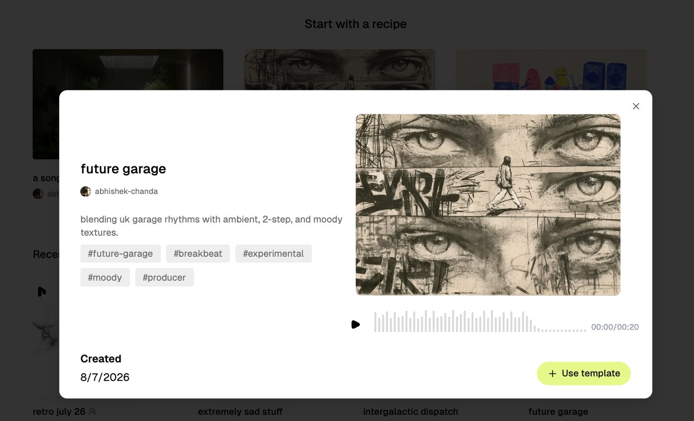 Riffle's start-with-a-recipe template browser with a future garage template preview and a use template button