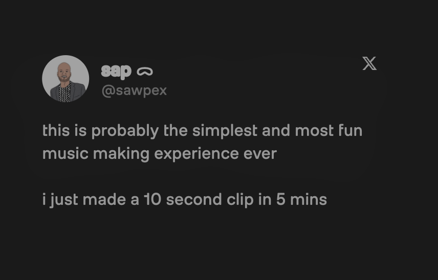Tweet from @sawpex: this is probably the simplest and most fun music making experience ever. I just made a 10 second clip in 5 mins.