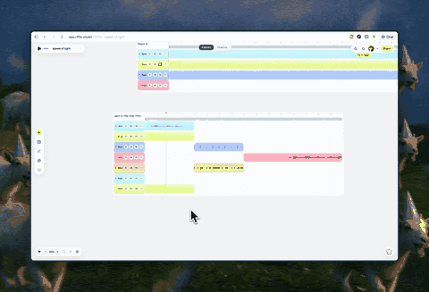 Riffle's timeline view opening a single stack in a full-screen editor with coloured clips arranged on tracks