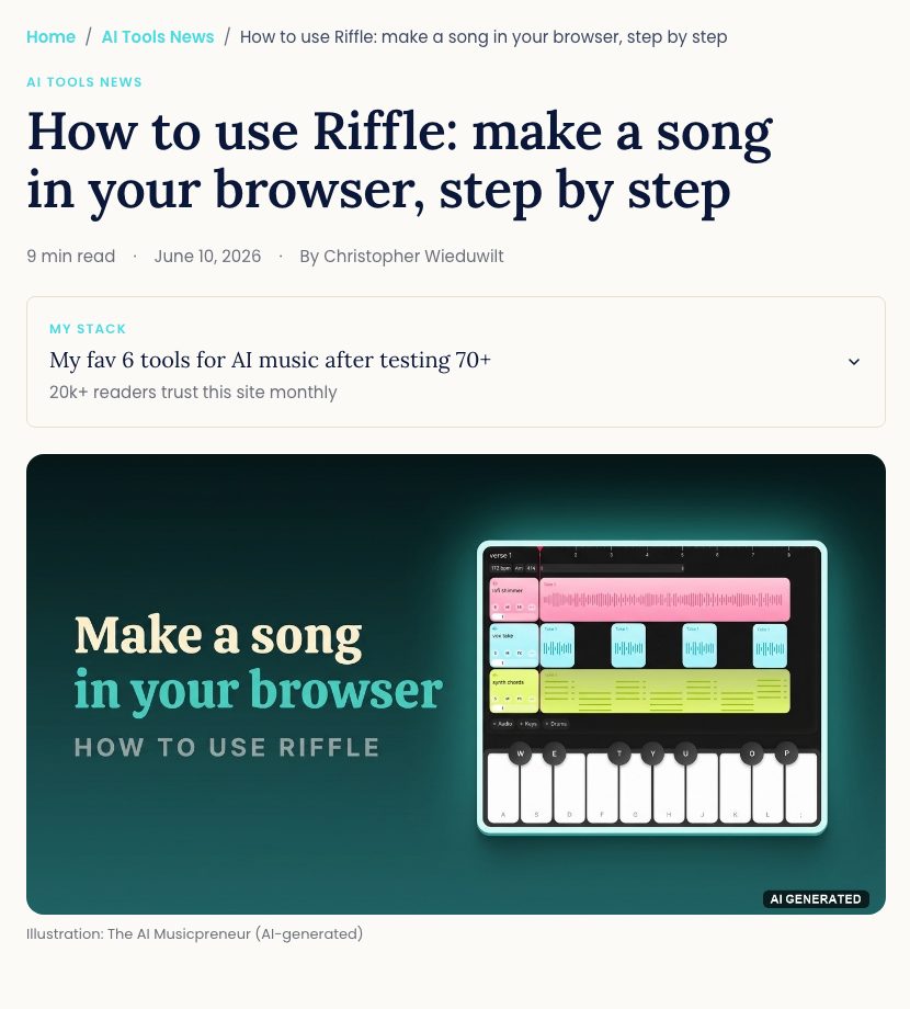 The Riffle tutorial article on aimusicpreneur.com, published 10 June 2026