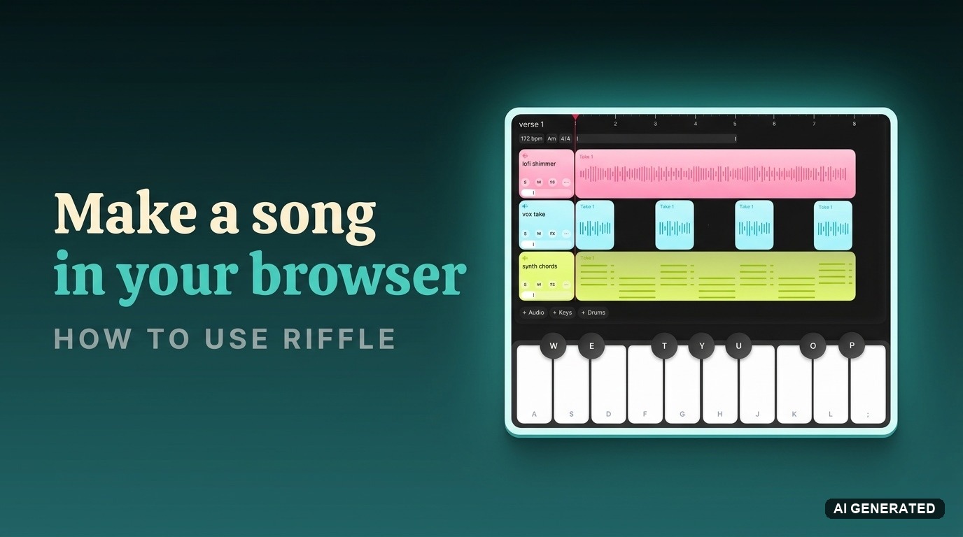 Make a song in your browser: the Riffle interface with colored audio stacks, a timeline, and an on-screen keyboard