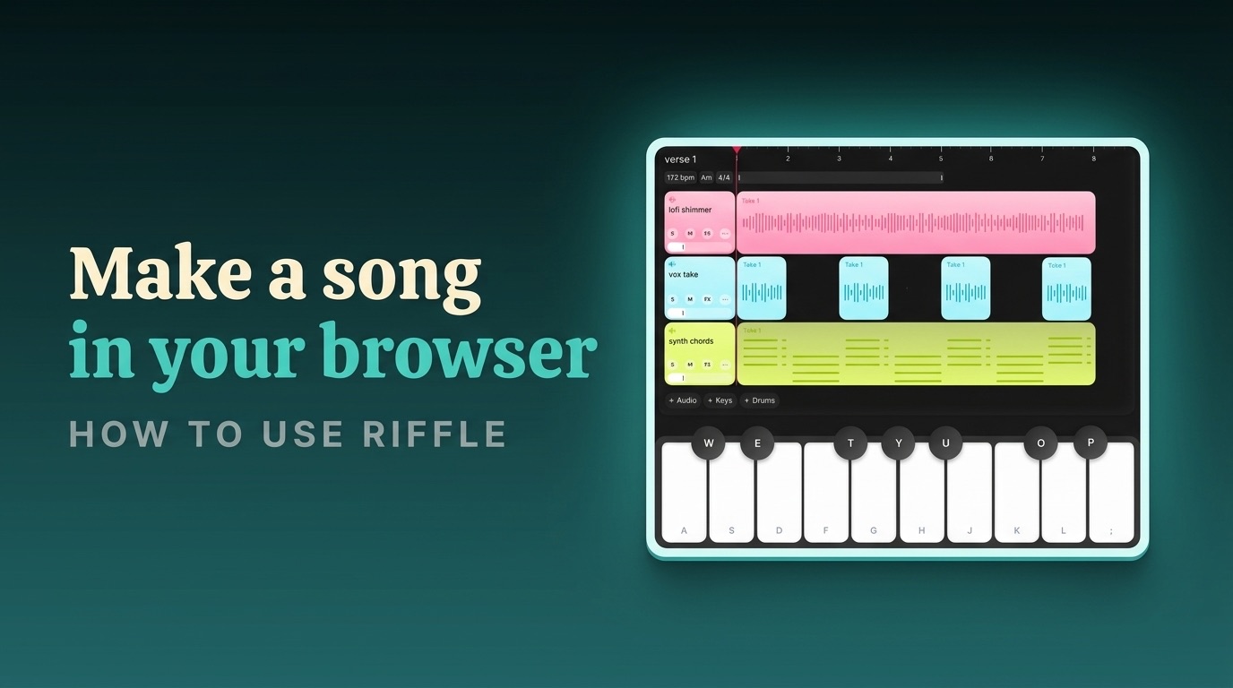 Make a song in your browser: the Riffle interface with colored audio stacks, a timeline, and an on-screen keyboard