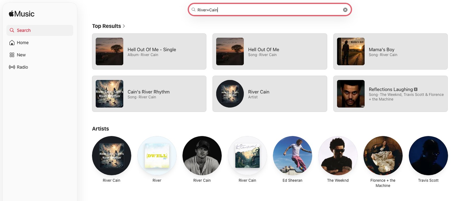 Apple Music search results for River Cain showing Hell Out Of Me, Mama's Boy and three separate River Cain artist profiles