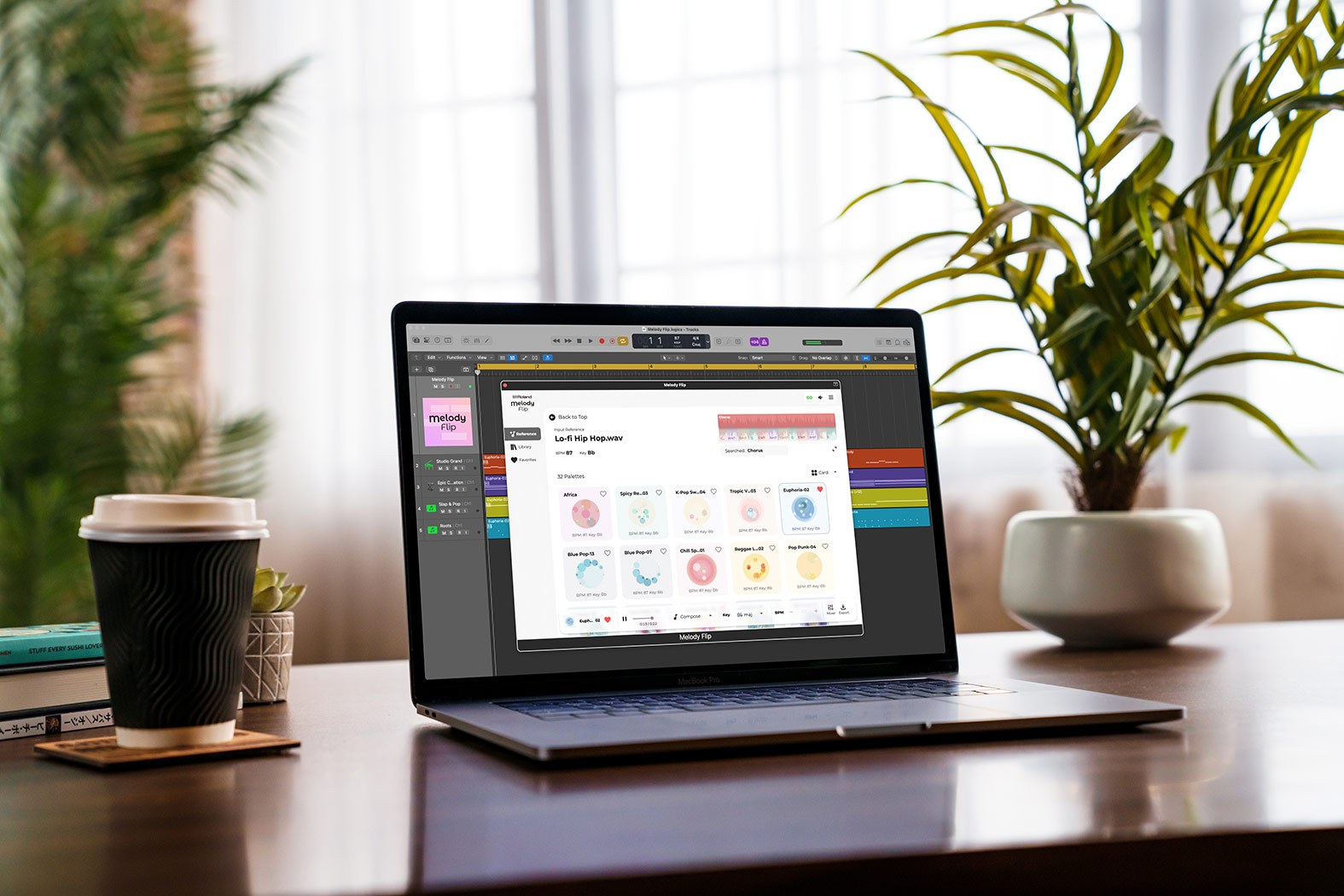 Roland Melody Flip running as a plugin inside a DAW session on a laptop, showing its palette browser over a track arrangement