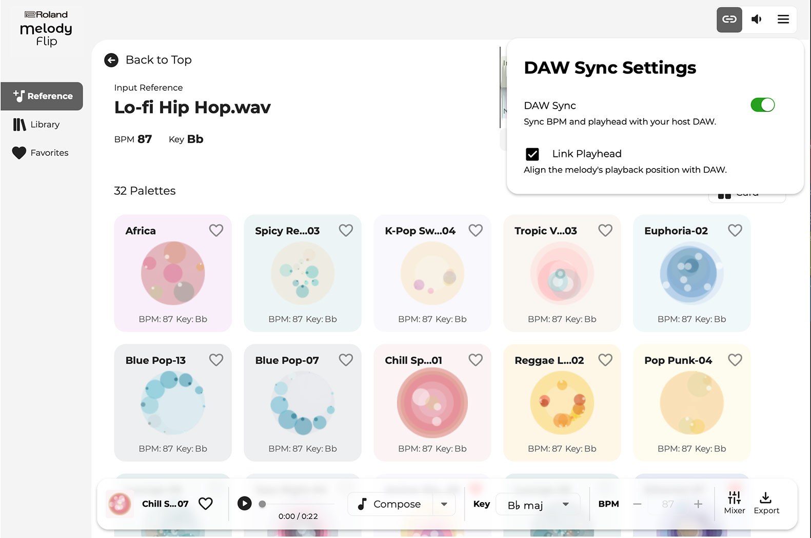 The Roland Melody Flip palette browser showing 32 matched palettes at 87 BPM in B flat, with the DAW sync settings panel open