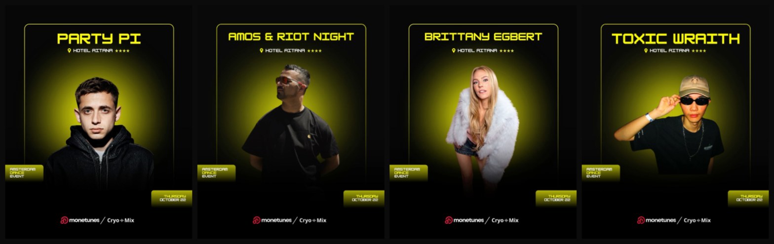 Room Service artist cards for Party Pi, Amos and Riot Night, Brittany Egbert and Toxic Wraith at Hotel Aitana