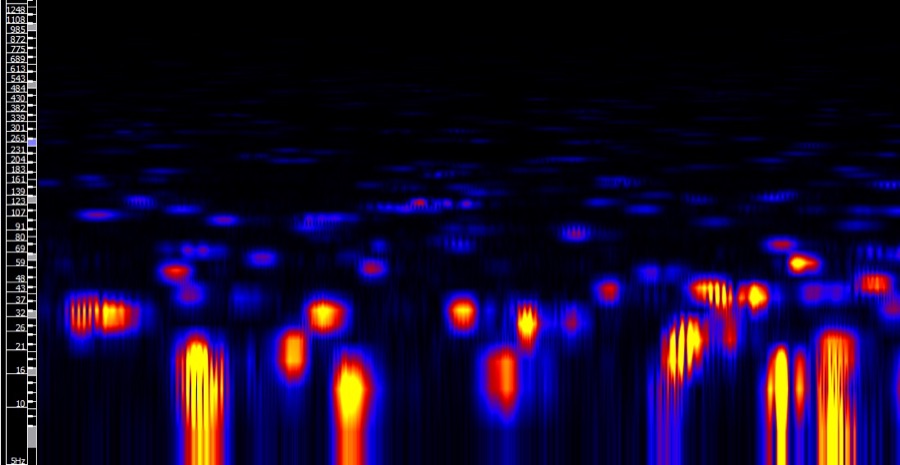 Audio spectrogram visualization showing frequency-over-time color bands used for sound analysis