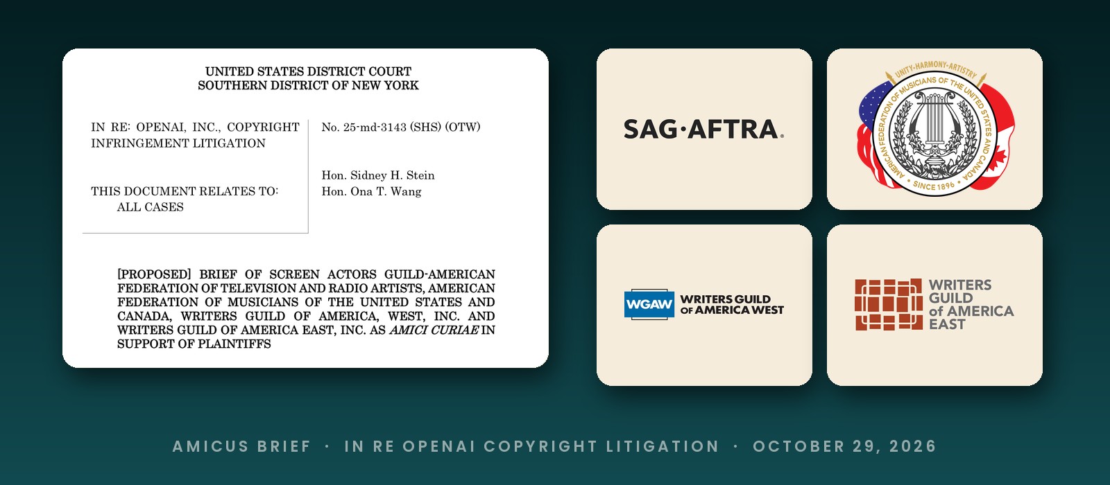 Cover page of the SAG-AFTRA, AFM and WGA amicus brief in the OpenAI copyright case, beside the 4 union logos