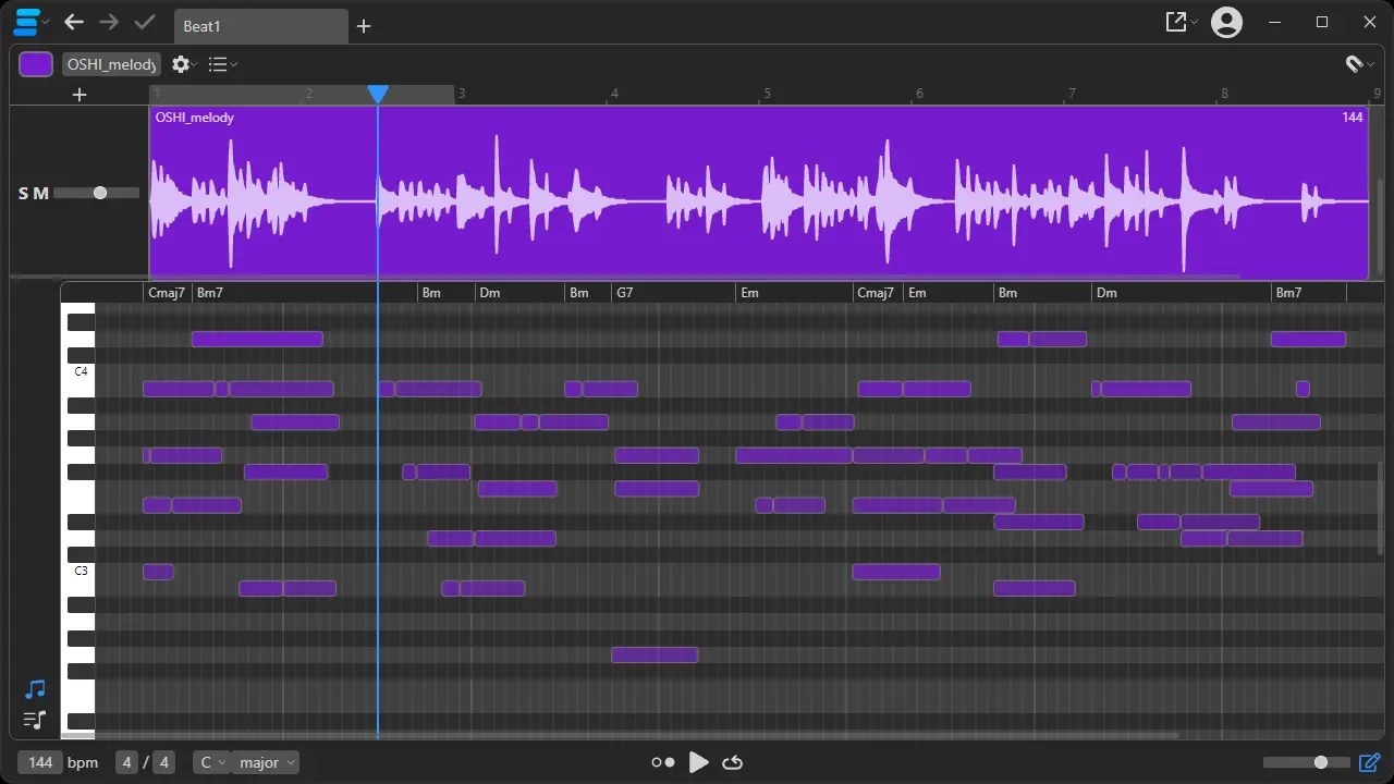 Samplab's AI audio editor turning a recorded melody into editable notes and chord names