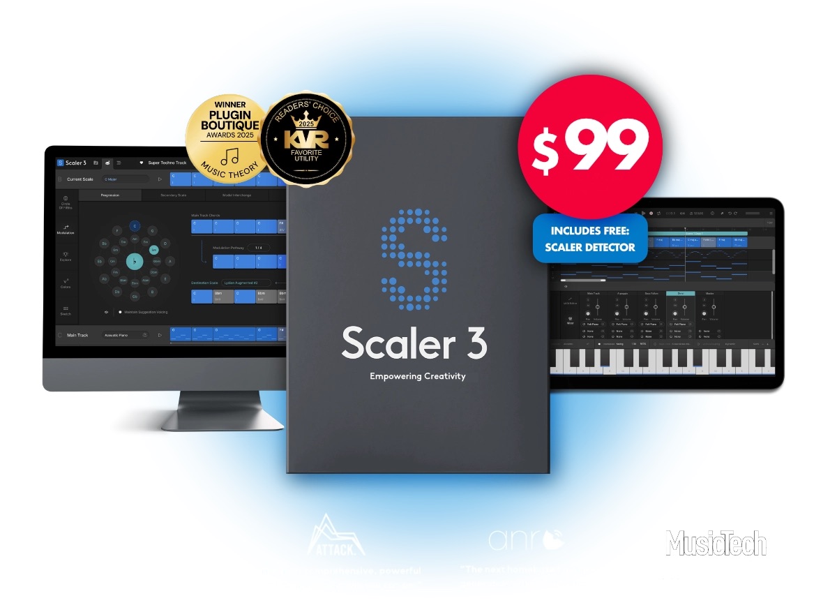 Scaler 3 interface on desktop and iPad, priced $99 with the free Scaler Detector included
