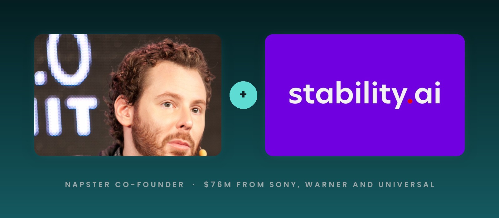 Sean Parker speaking on stage next to the Stability AI logo on a purple card