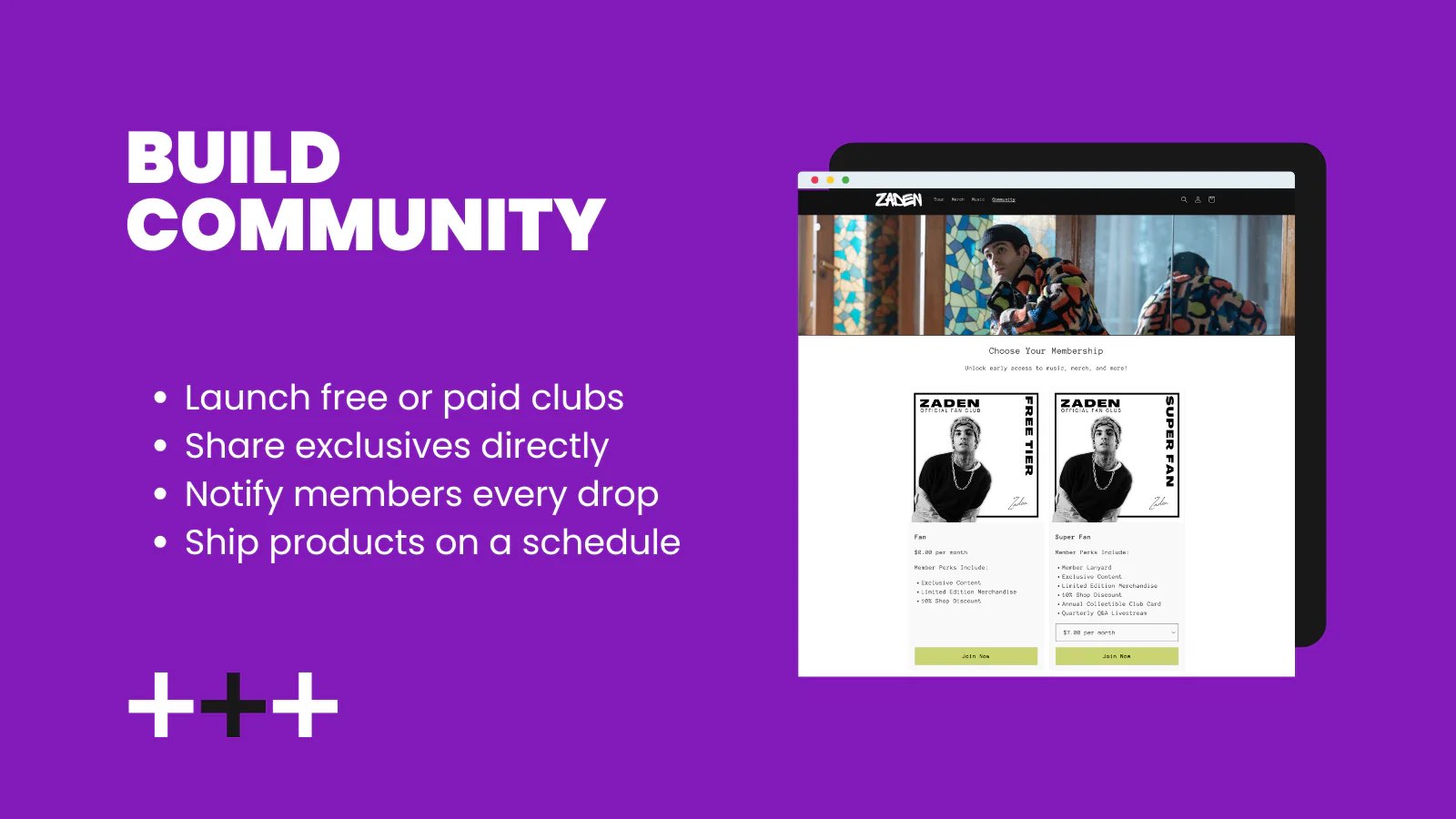 Single fan club page with a free Fan tier and a $7 per month Super Fan tier listing member perks