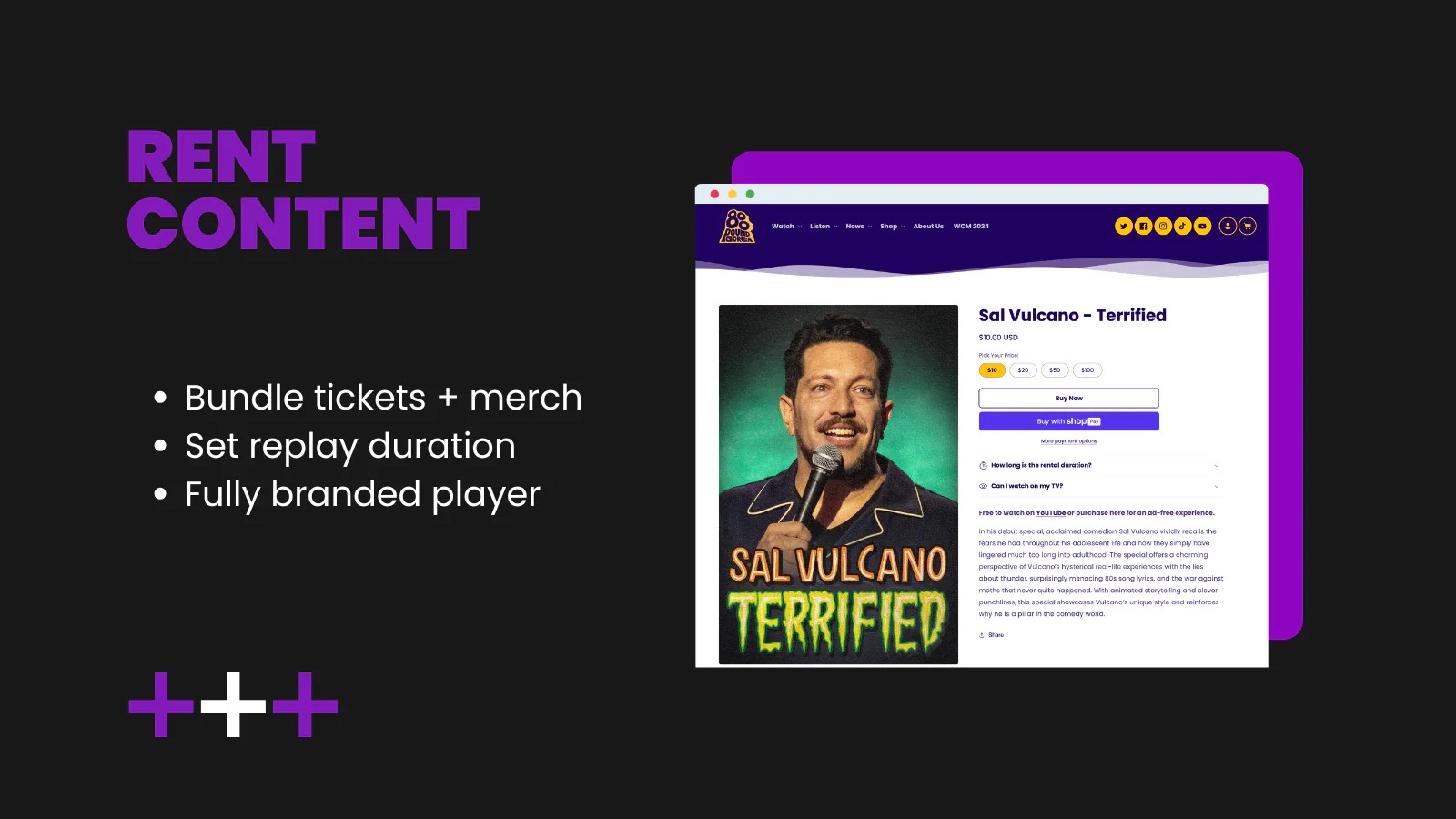 Single pay-per-view rental page for a Sal Vulcano comedy special at $10 with pick-your-price options