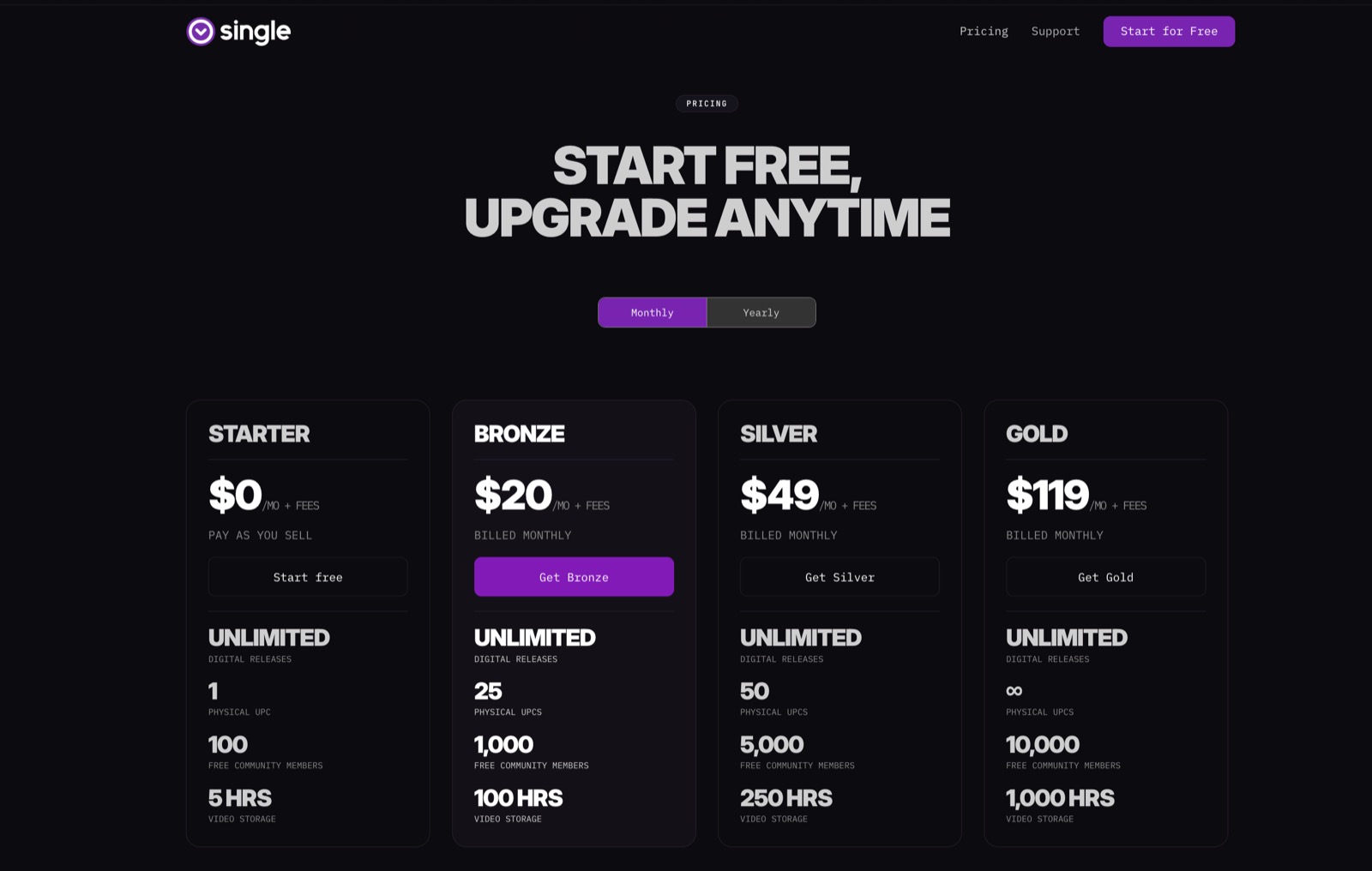 Single pricing page with Starter at $0, Bronze at $20, Silver at $49, and Gold at $119 per month plus fees