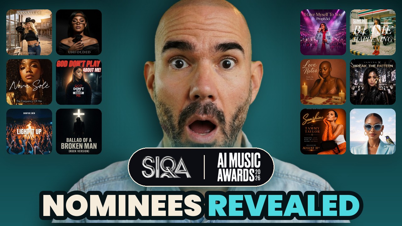 Christopher Wieduwilt between 12 SIQA AI Music Awards 2026 nominee covers, with the SIQA and AI Music Awards logos and the words Nominees revealed